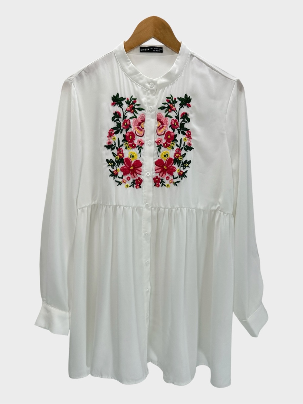 SHEIN Semi Sheer Floral Embroidered Button Front Tunic Blouse White L